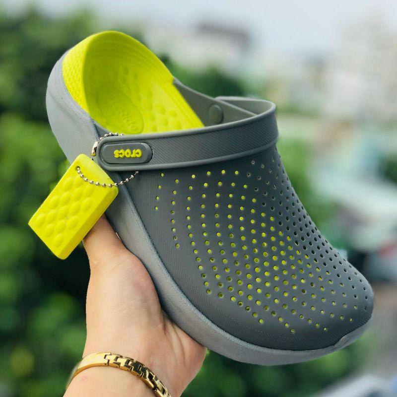 Dép Cross Literide  FREESHIP + Hàng loại 1 + Hộp  giày sục sandal Crocs quai ngang bít đầu nam nữ, kèm tag Xám-dạ