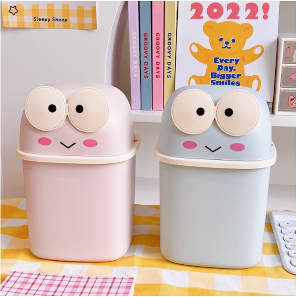Thùng rác để bàn trang trí đẹp rẻ nắp lật Ếch mập dễ thương hộp đựng bút thước phụ kiện mini tặng kèm hình dán