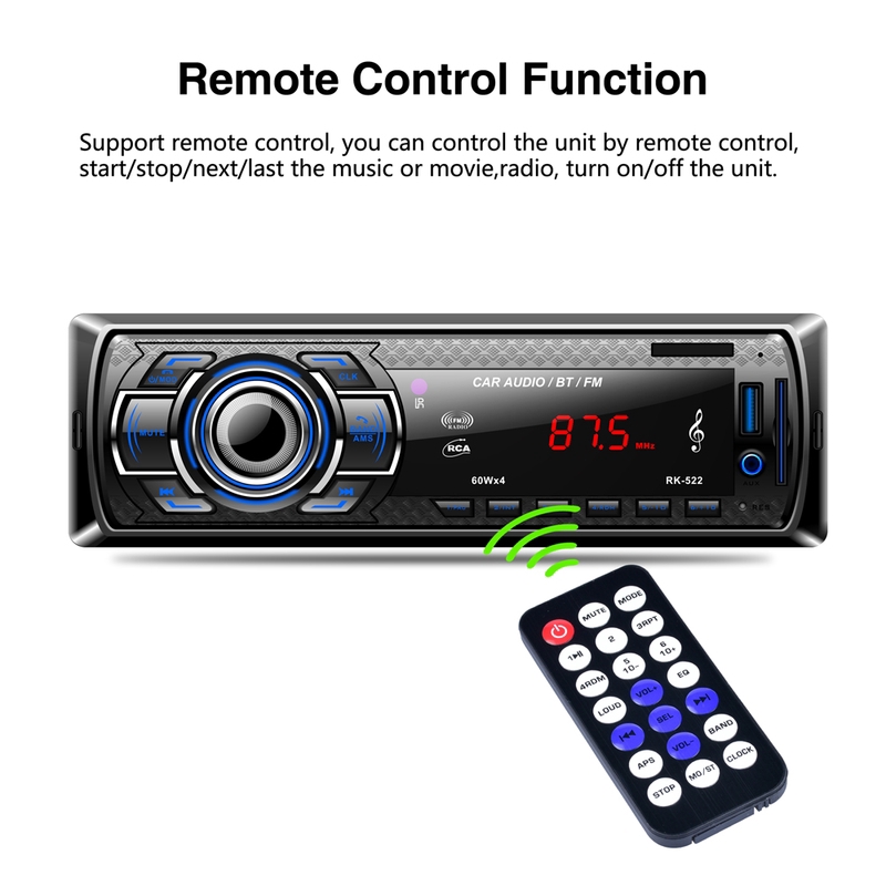 RK522 Đài phát thanh xe hơi Bluetooth kỹ thuật số Máy nghe nhạc MP3 USB / SD / AUX-IN / EQ / FM Radio