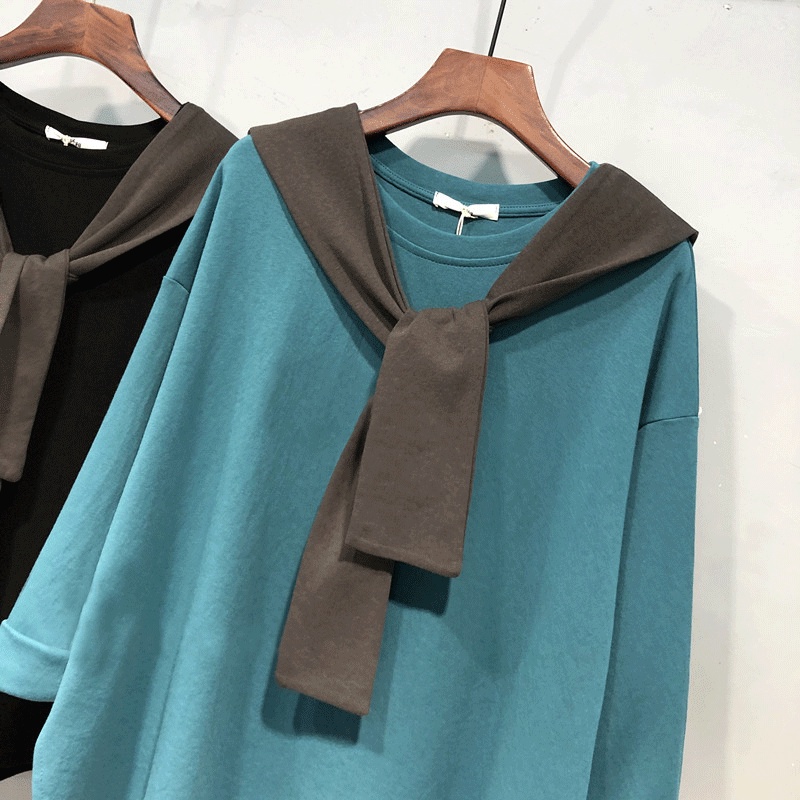 Set Áo Thun Tay Dài Dáng Rộng Màu Sắc Trơn Phối Khăn Choàng Thời Trang Mùa Thu Cho Nữ