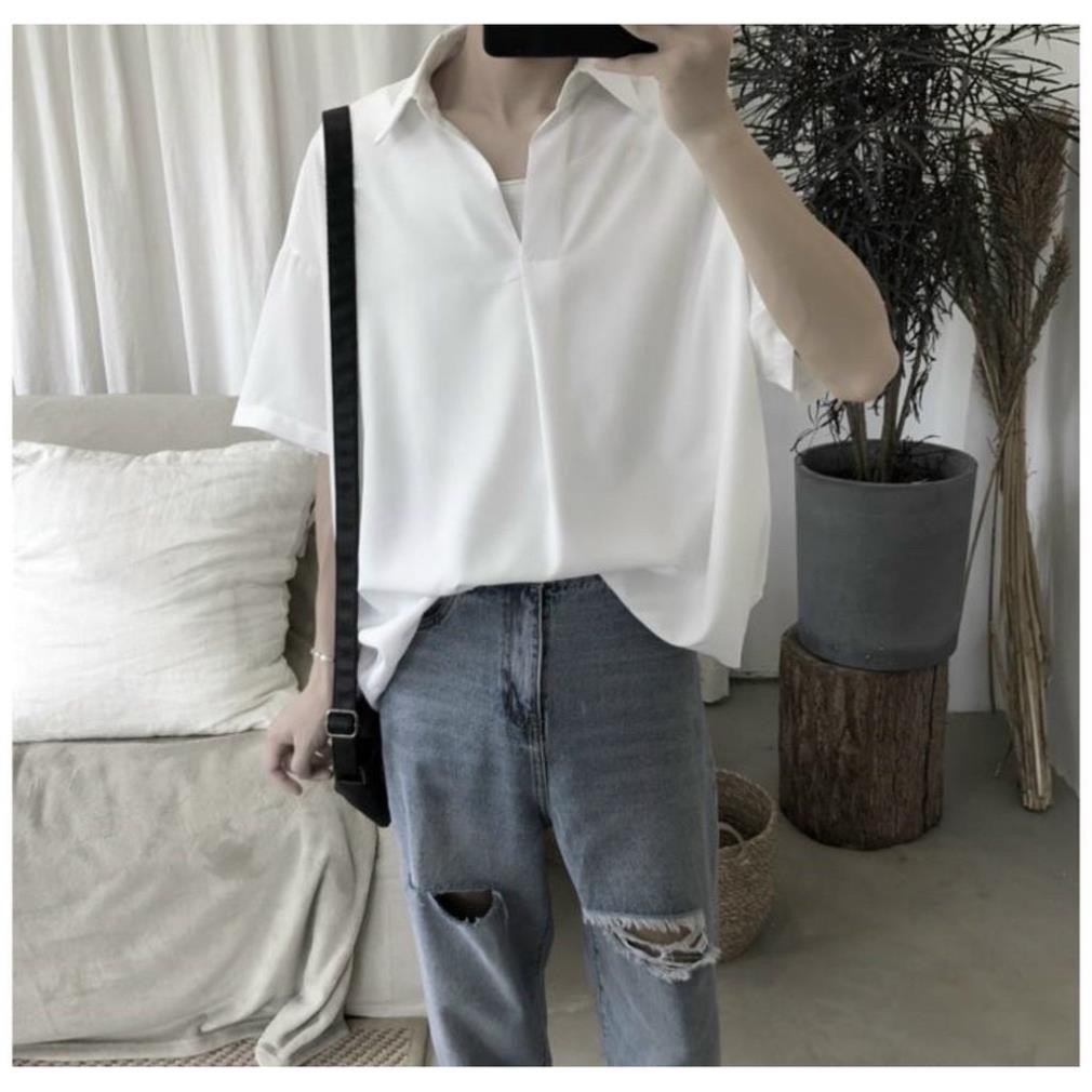 Áo SƠ MI CỔ CHUI Basic trơn unisex nam nữ tay ngắn form rộng style HÀN QUỐC ˇ