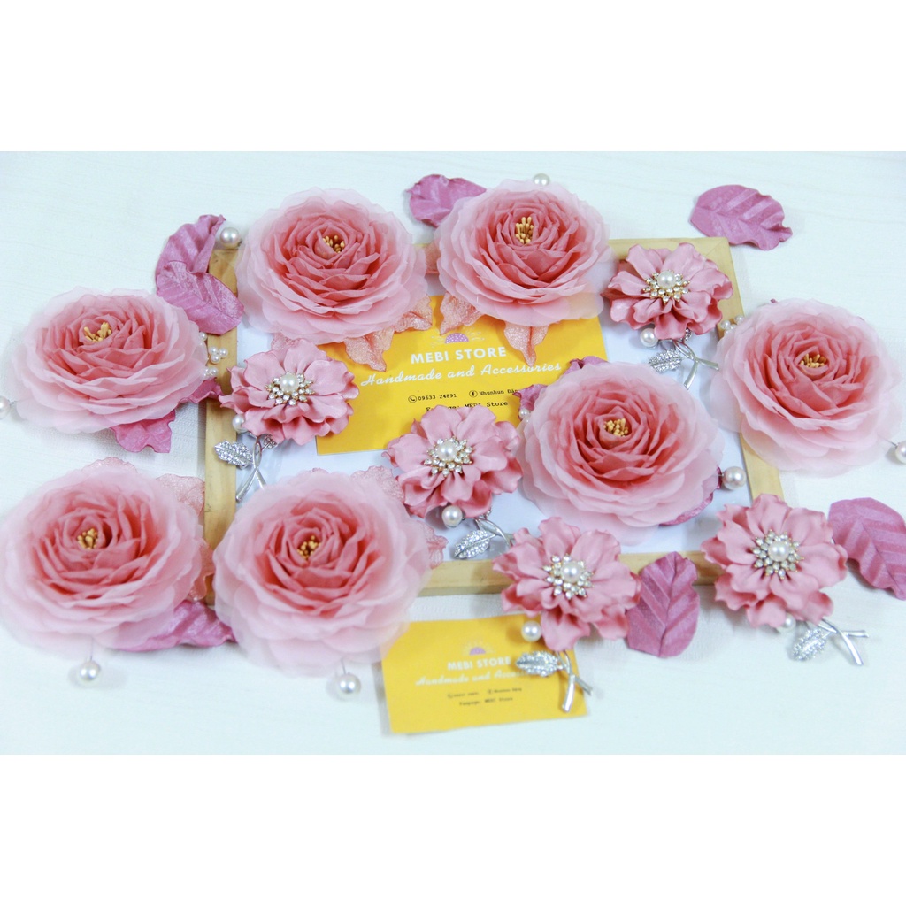 (Ảnh thật - Nobox) Hoa hồng cài áo handmade màu hồng phấn 3 lá