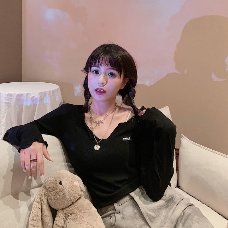 Áo Thun Dài Tay Cổ Chữ V Thiết Kế Dây Rút Phong Cách Phương Tây Mới Cho Nữ