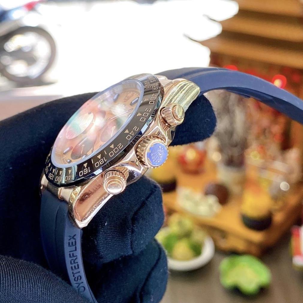 Đồng hồ Nam Rolex máy nhật-Đồng hồ cơ Automatic Rolex 3 nút mặt vàng hồng dây cao su size 40-42 mm