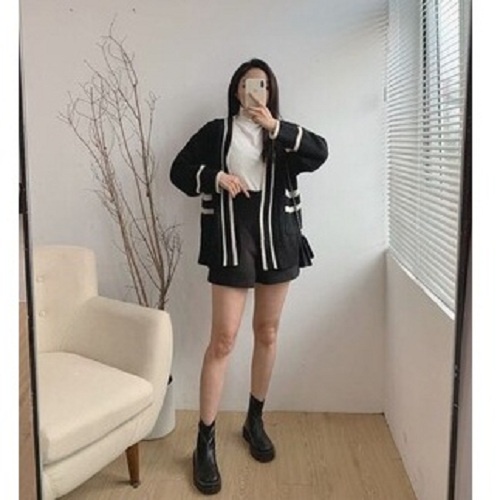 Áo khoác len cardigan trơn phối viền dáng xuông có túi -Miss girl