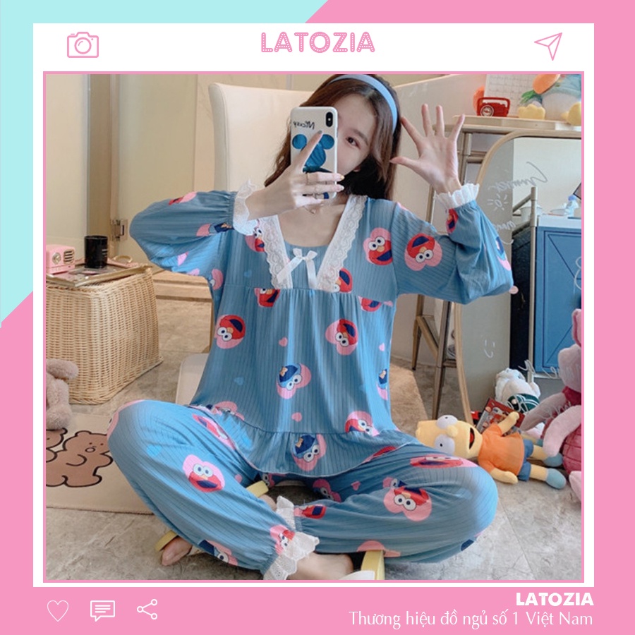 Đồ Bộ Nữ Mặc Nhà Pijama Thun Mềm Phối Nơ Cực Xinh Tay Dài Quần Dài LATOZIA BĐN15