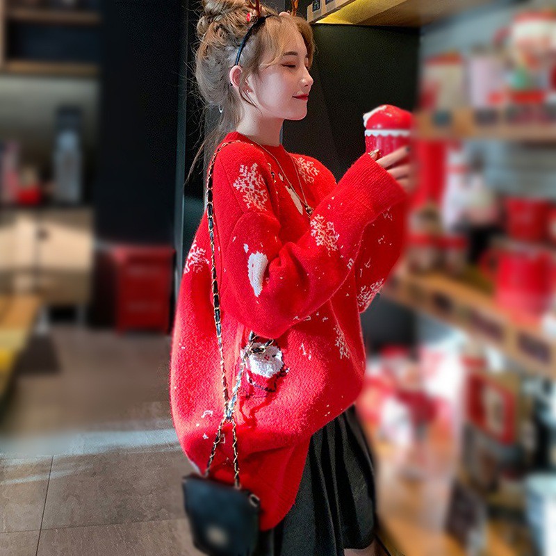 Áo Len Dày Dáng Rộng In Hình Ông Già Noel Thời Trang Thu Đông Dành Cho Các Cặp Đôi