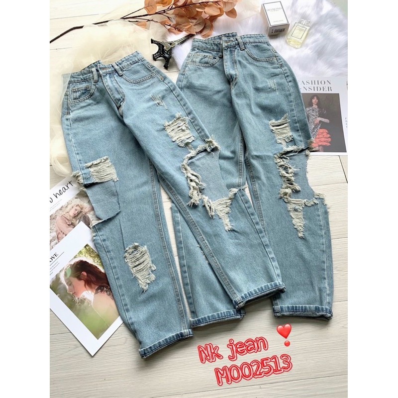 Quần baggy jean, quần bò baggy 9 tấc lưng cao rách gối - 110N