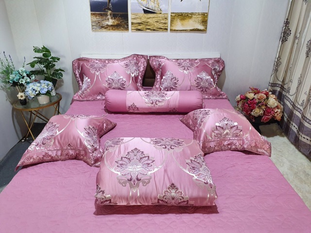 Bộ chăn ga gối Gấm nhập 7 món hàng đẹp ( ảnh chụp thật)