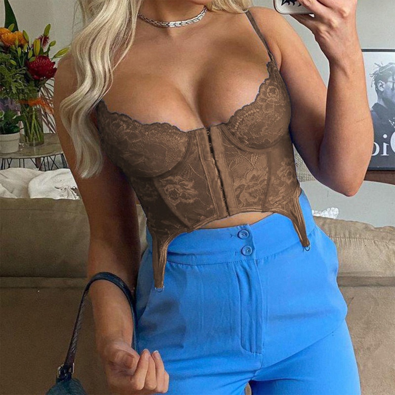 Brroa Áo Lưới Croptop Hai Dây Phối Ren Hở Lưng Gợi Cảm Cho Nữ