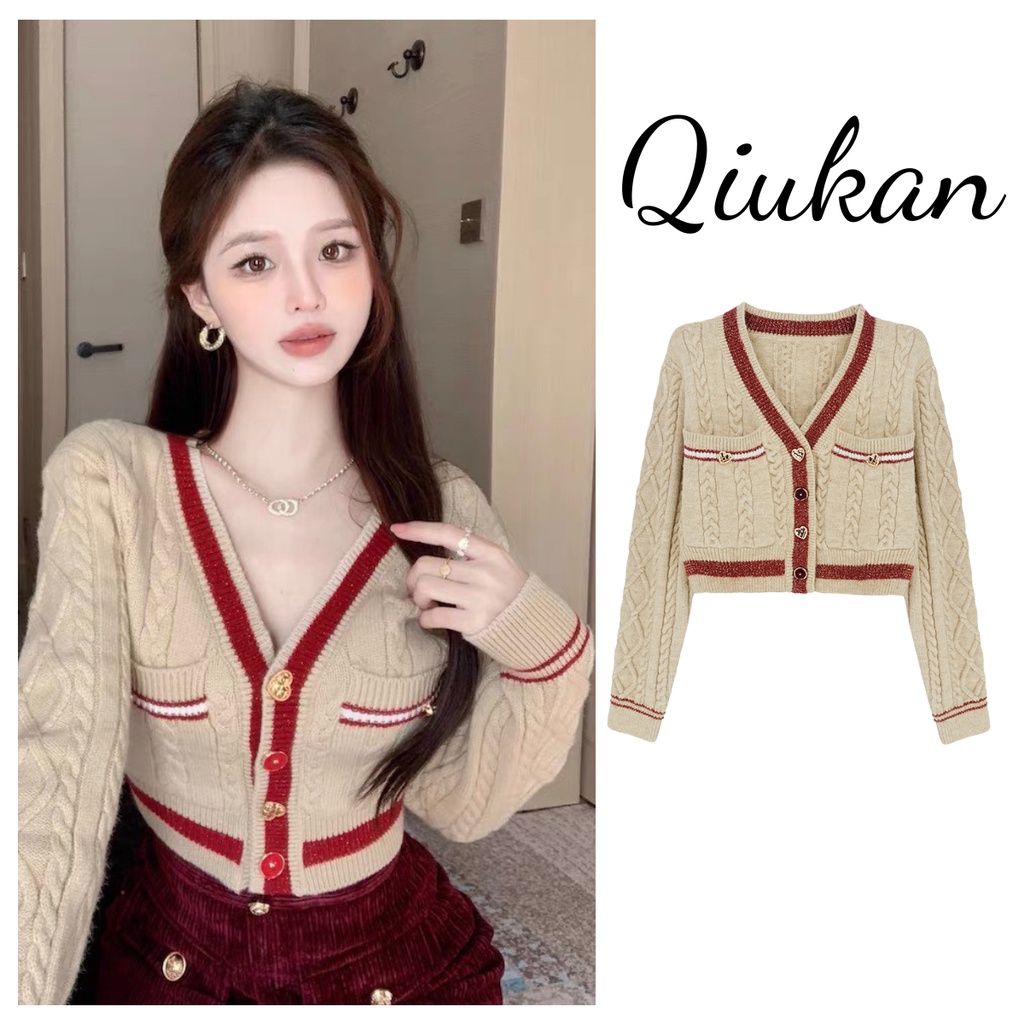 Áo khoác Cardigan dệt kim cổ chữ V cao cấp, Khoác Cardigan nữ len thừng viền đỏ chất len dày loại 1