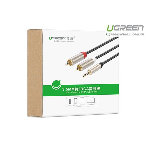 Cáp Audio 3,5mm ra 2 đầu RCA dài 1m Ugreen 20821 mạ vàng