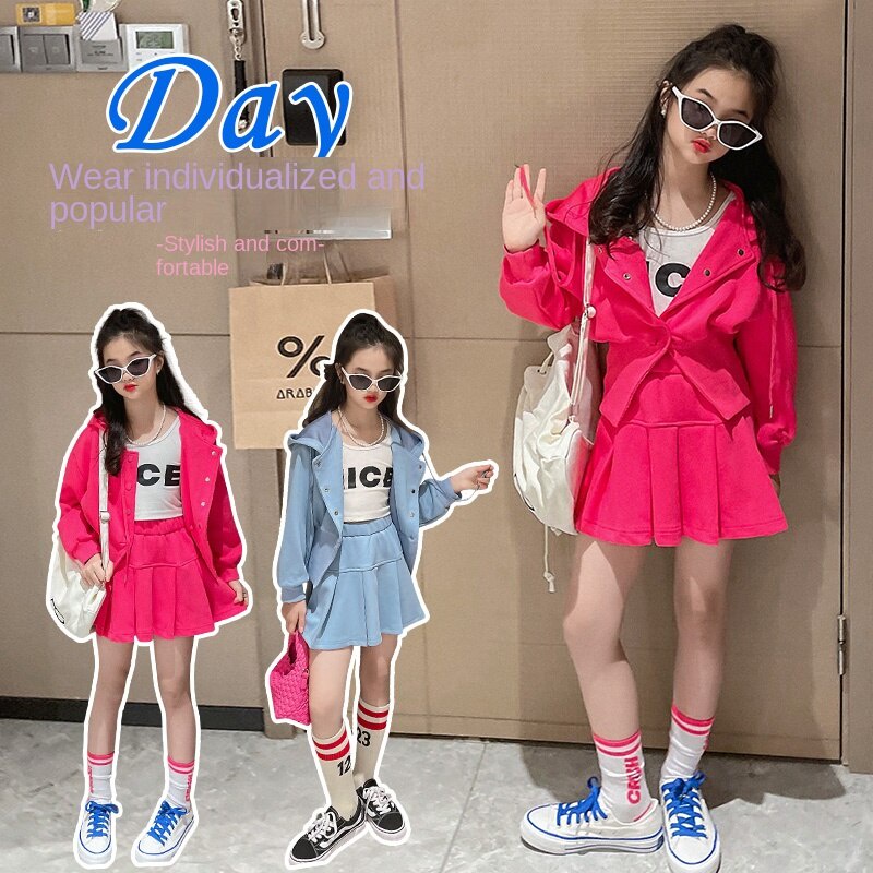 Bộ Áo Khoác + Chân Váy Ngắn Xếp Ly Thời Trang Mùa Thu Hàn Quốc Cho Bé Gái 5-6 Tuổi 7-8 Tuổi 9-10 Tuổi 11-12 Tuổi