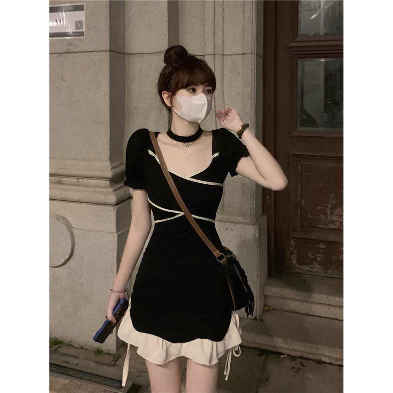 Đầm Tay Ngắn Cổ Vuông Thắt Nơ Thời Trang Mùa Hè Xinh Xắn Cho Nữ