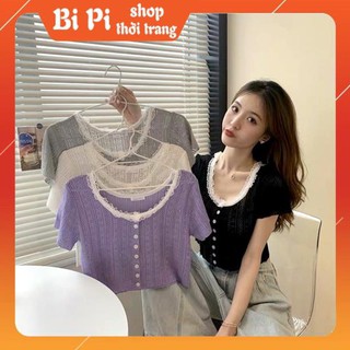 Áo thun cổ phối ren nút giữa chất thun gân co giãn 4 màu (Đen - Tím - Xám - Trắng)  ྇