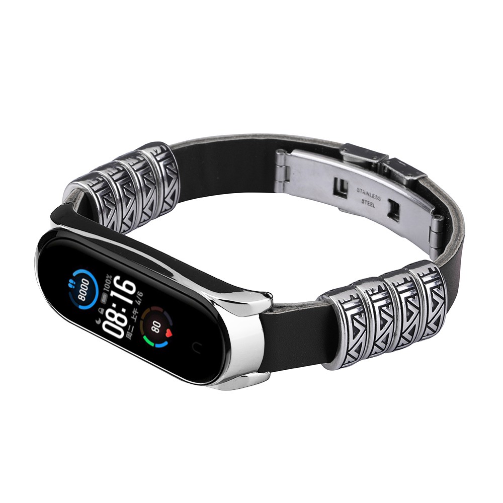 Dây Đeo Thay Thế Chất Liệu Da Thiết Kế Khung Kim Loại Phong Cách Vintage Cho Xiaomi Mi Band 6 5 Nfc 3 / 4