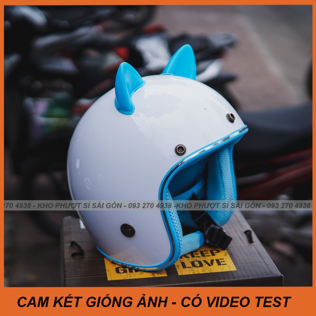 Mũ tai mèo 3/4 trắng lót xanh dương kèm tai mèo xanh dương đi phượt cho nữ - nón 3/4 phượt
