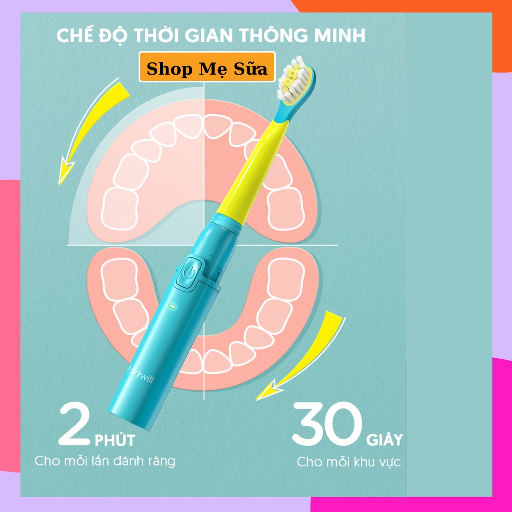 Bàn chải điện trẻ em Fairywill FW2001 Kids từ 3 - 12 tuổi. có thể sạc lại.  + 2 Đầu bàn chải thay thế- Bảo hành 12 tháng