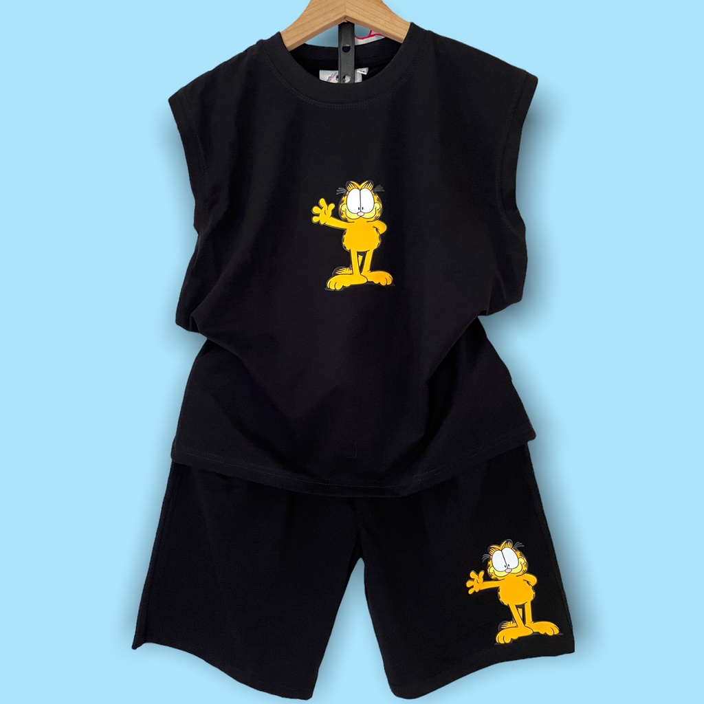 Đồ bộ bé trai Con Xinh cotton sát nách hình in mèo Masupilami,thời trang mùa hè dành cho trẻ em từ 4 đến 10 tuổi