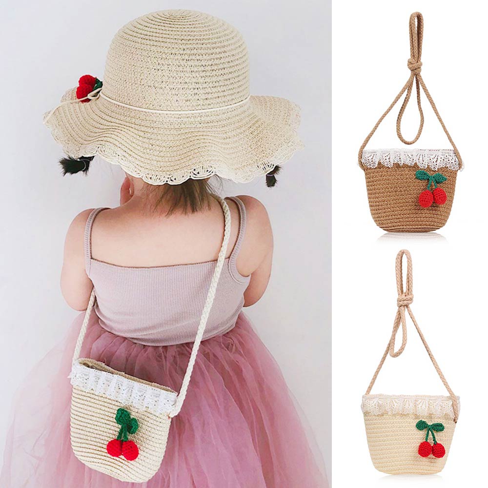 Túi/ mũ cói rộng vành đính quả cherry dễ thương thời trang cho bé gái