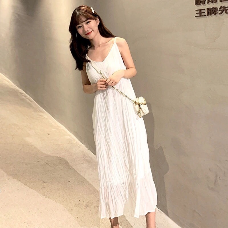 Đầm Voan Hai Dây Dáng Dài Thiết Kế Mới Màu Trắng Thanh Lịch
