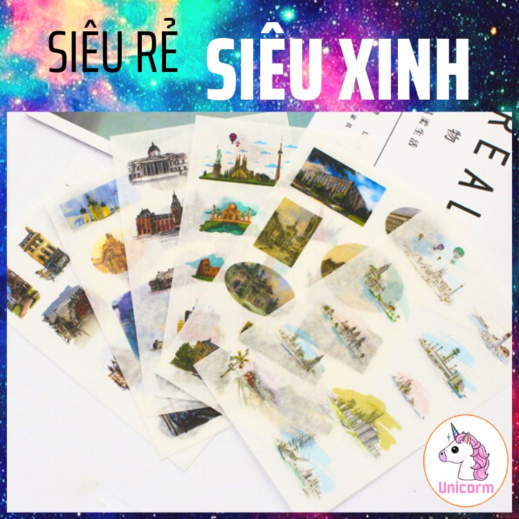 Bộ 6 tờ sticker kì quan thế giới phong cách retro