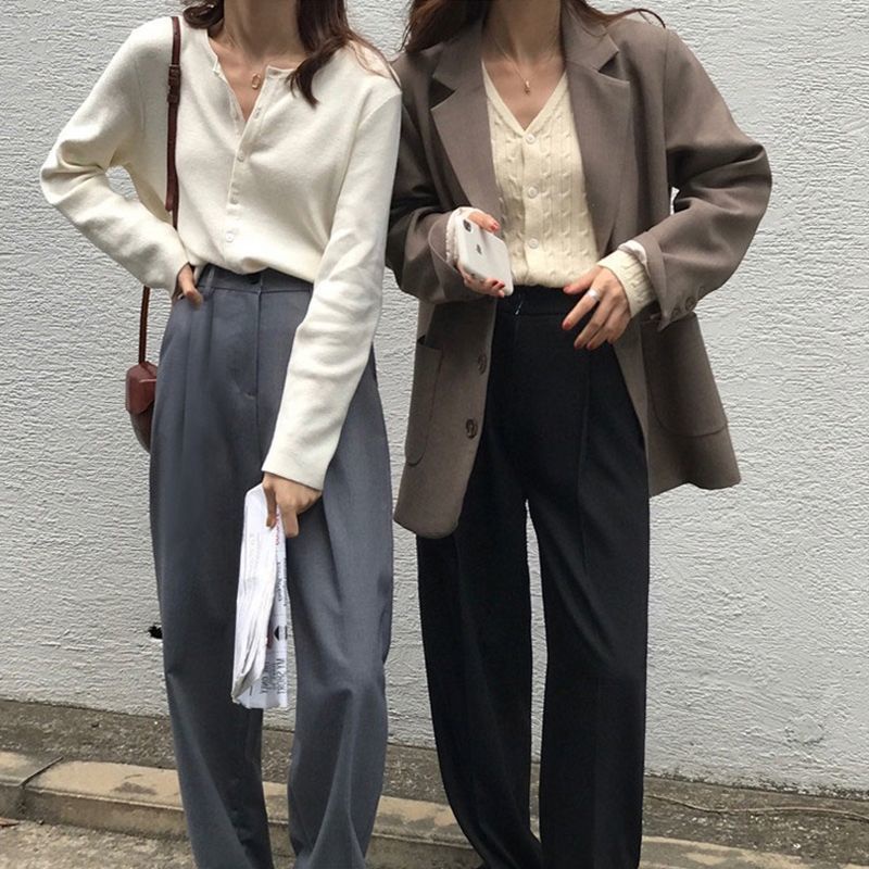 Quần ống rộng lưng cao màu đen phong cách Hàn Quốc thời trang xuân thu dành cho bạn nữ