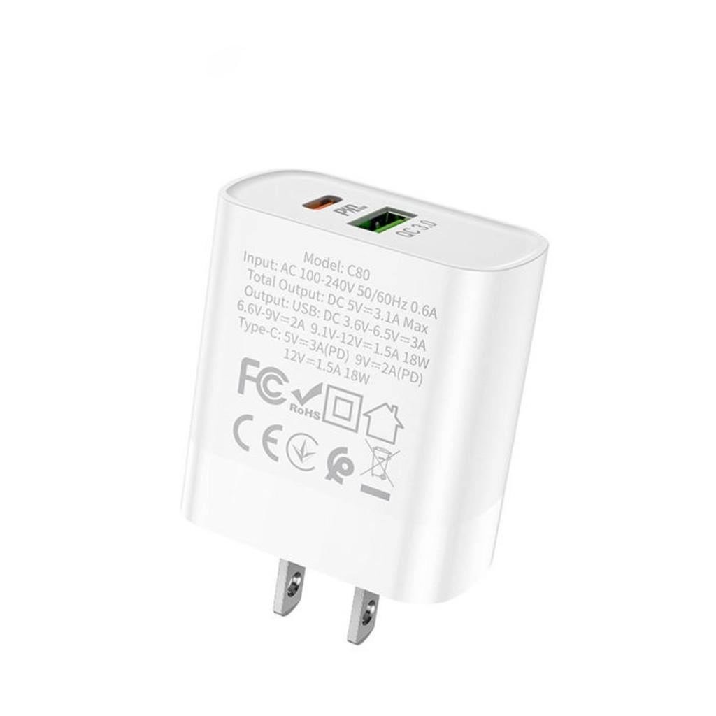 Củ sạc nhanh Hoco C80 tích hợp 2 cổng sạc USB và Type-C hỗ trợ sạc nhanh QC3.0 và PD 20W cho tốc độ sạc thiết bị tối đa