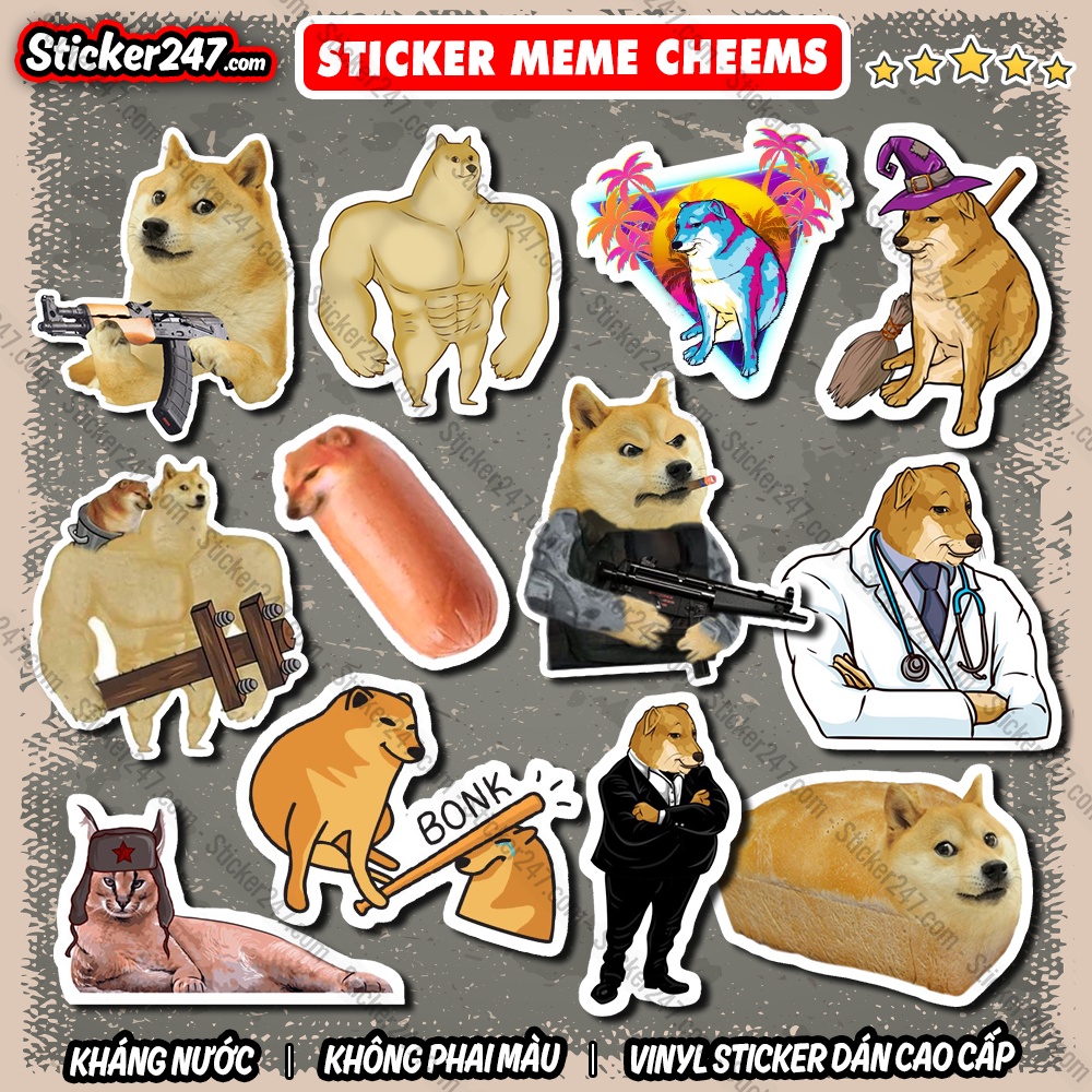 Sticker MeMe Cheems 𝑭𝒓𝒆𝒆𝒔𝒉𝒊𝒑 Sticker Dán Mũ Bảo Hiểm, Dán Vali, Đàn Guitar - Hình Dán Chống Thấm Nước - Cắt sẵn