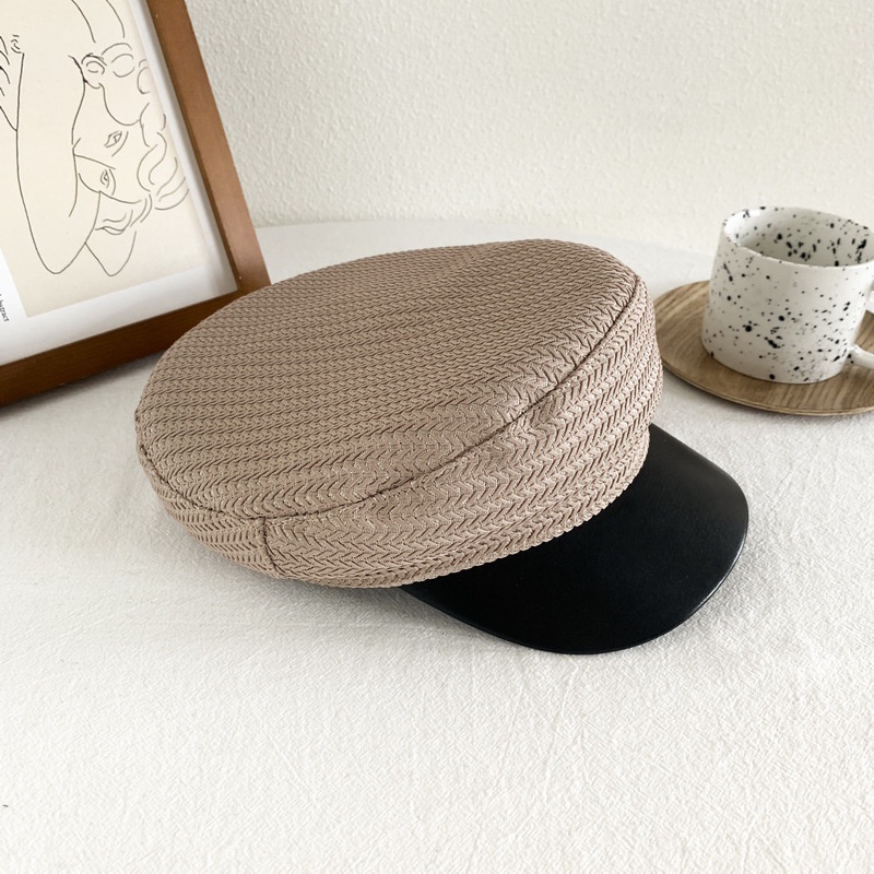 Mũ beret nữ thời trang có vành da Pu kết hợp vải cotton họa tiết sọc xương cá lấp lánh 3 màu