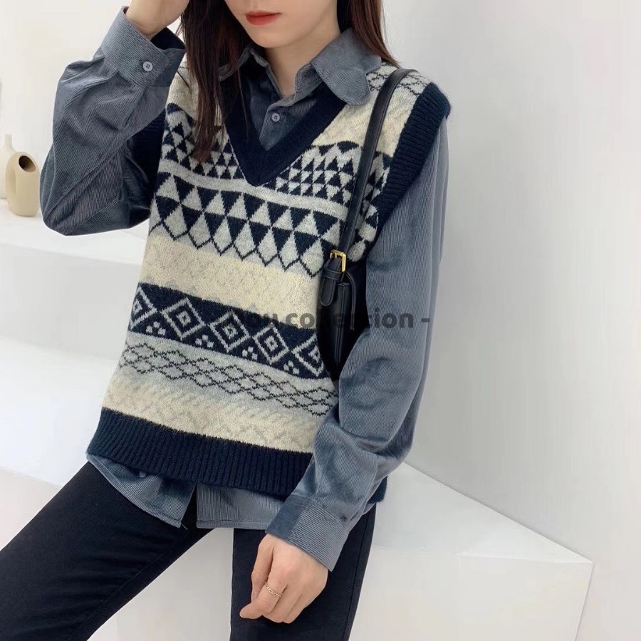[Nowship2h] Áo Gile Cổ Chữ V Họa Tiết Thổ Cẩm Áo Len Không Tay Dáng Xuông Cá Tính Thời Trang Thu Đông - Mã TA021