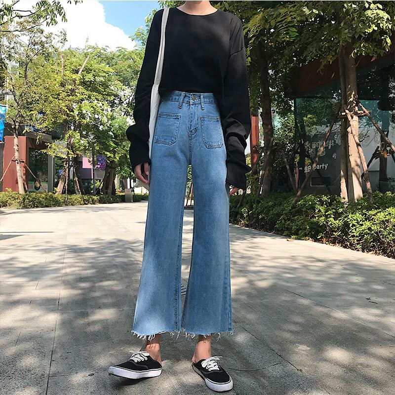 Quần jeans bò nữ ống rộng suông xuông cạp cao Emilyshop phong cách ulzzang