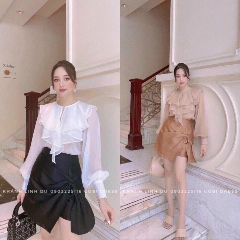 sét áo trắng bèo + quần váy phi mờ và ảnh thật