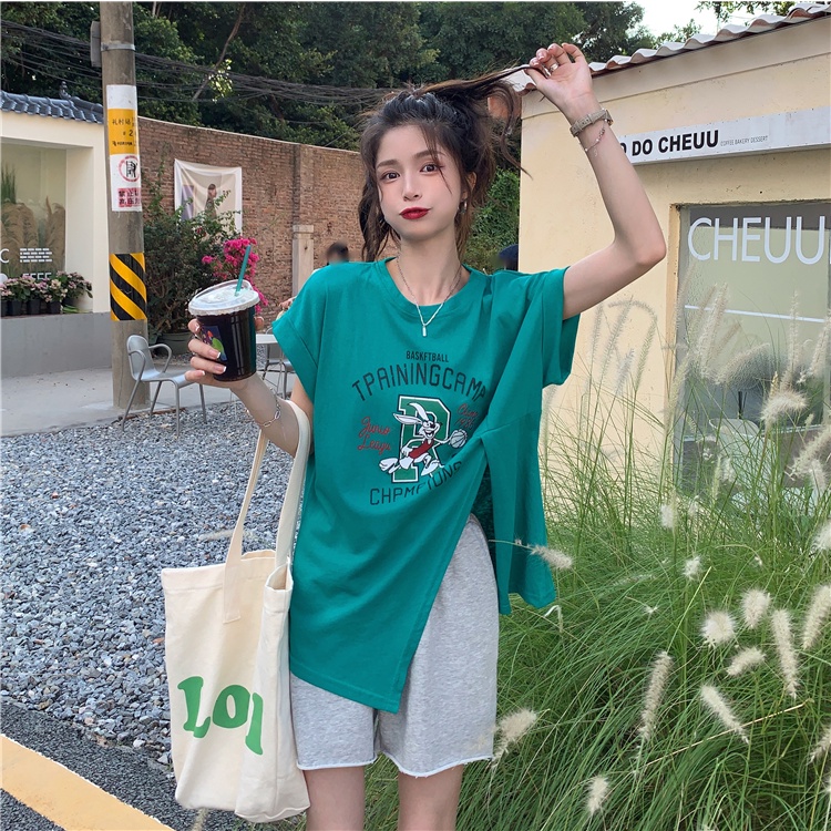 Áo thun dáng rộng thiết kế xẻ tà phong cách hàn quốc 2 màu tùy chọn thời trang cho nữ | BigBuy360 - bigbuy360.vn