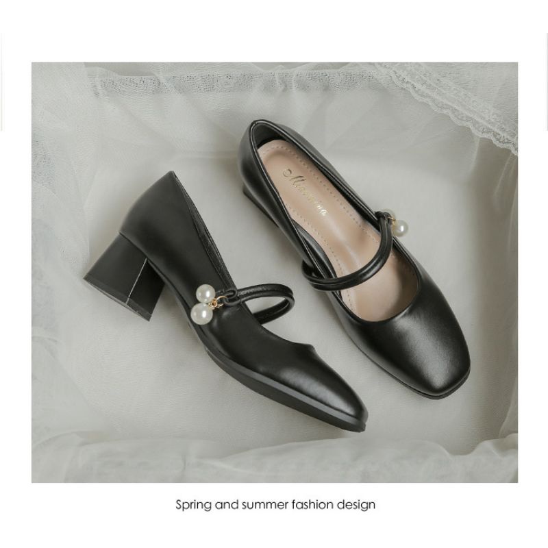 Giày công sở da mềm gót vuông 5 phân kết hợp đồ váy vóc giày cưới sang trọng giày cao gót dễ đi