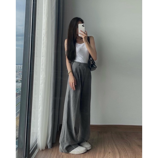 Quần tây xám ống rộng - Áo ba lỗ trắng