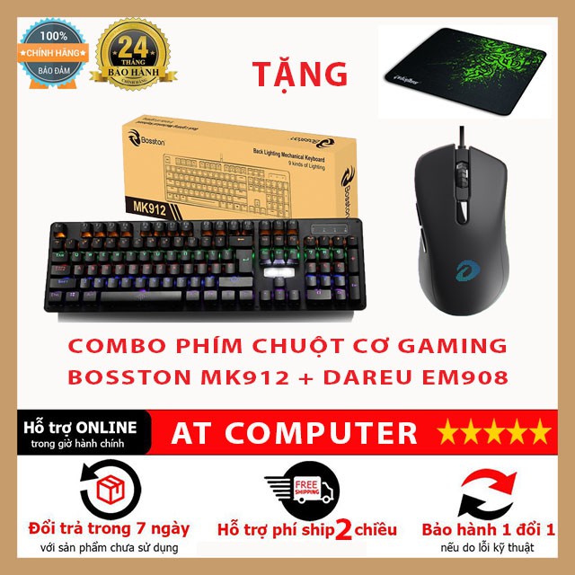 Combo Bàn phím gaming Bosston MK912 + Chuột Dareu EM908, Led rgb rainbow 9 chế độ - BiBiTechs