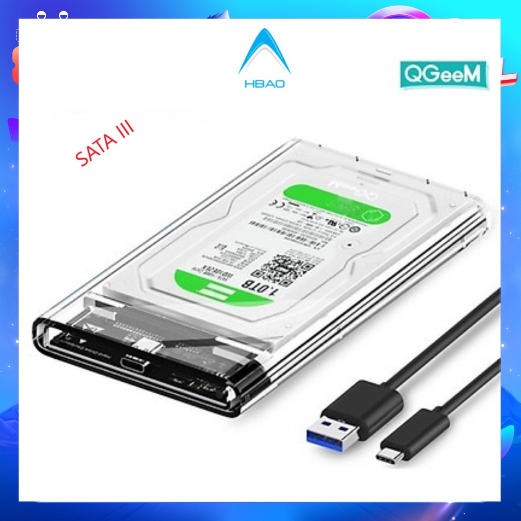 Hộp đựng ổ cứng trong suốt HDD/SSD 2.5&quot; QGeeM Type C to SATA I II III tốc độ cao lên tới 6Gbps kèm cáp Type C to USB-A