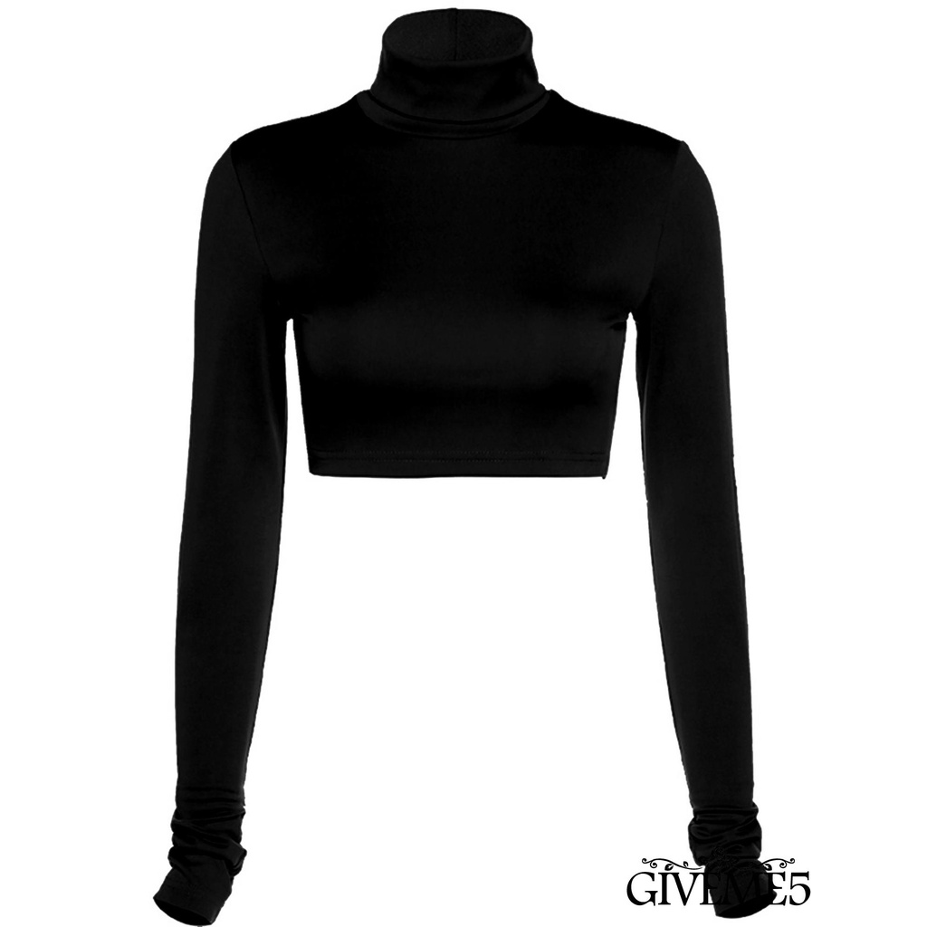 Áo croptop tay dài cổ lọ màu trơn thời trang cho nữ chất lượng cao