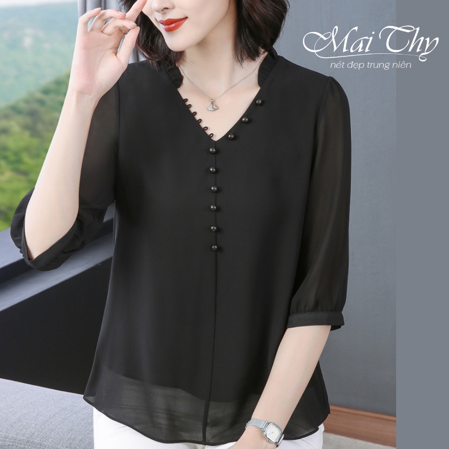 Áo Trung Niên MT111, Mẫu Áo Kiểu Nữ Form Rộng Tay Lỡ Cổ Bèo Nhiều Nút Đẹp Trang Nhã | Thời Trang Trung Niên Mai Thy