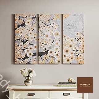 Bộ 3 tranh treo tường canvas phòng khách trừu tượng chủ đề Hoa đào mai tông vàng kem - N0017