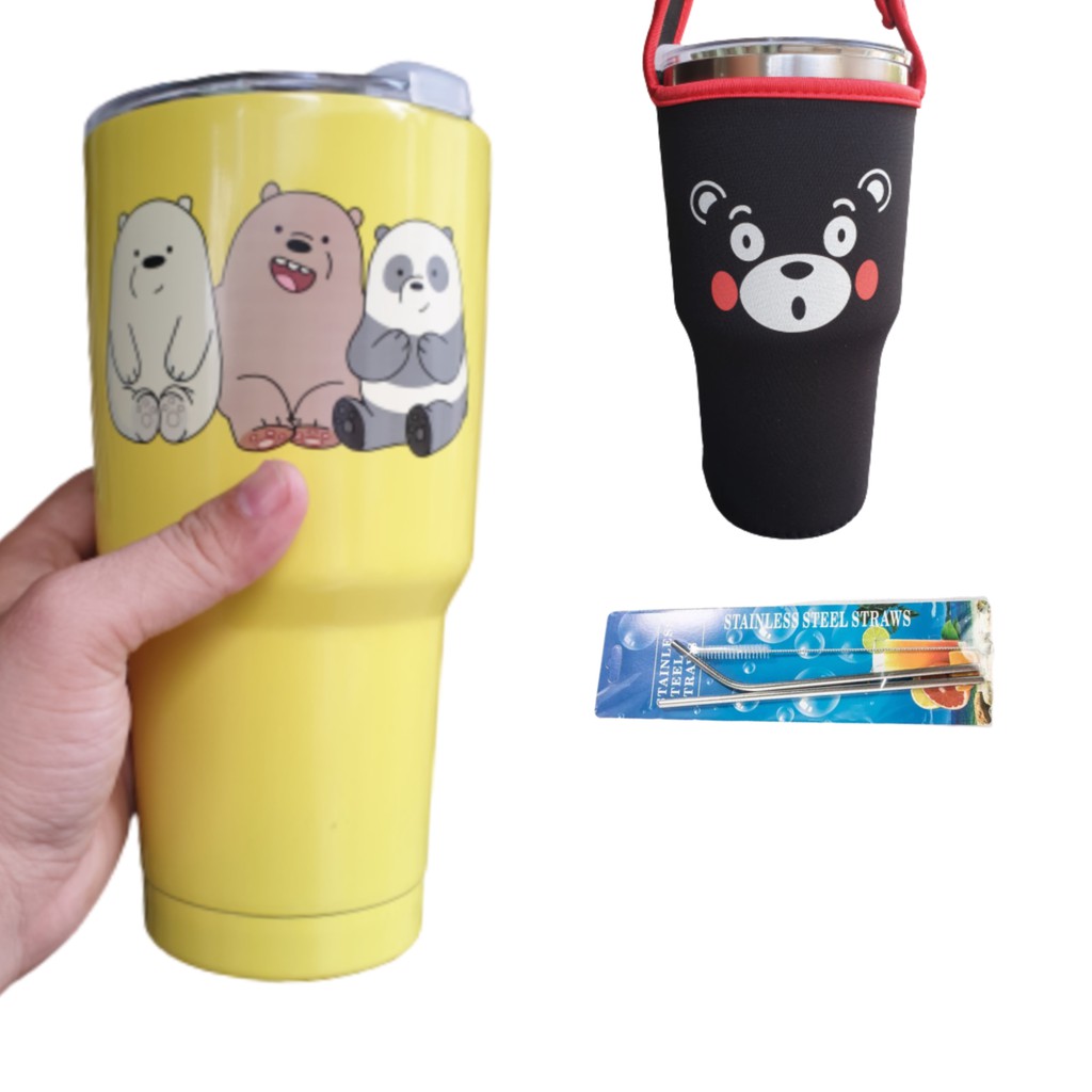 COMBO LY GIỮ NHIỆT 3 CON GẤU 900ML KÈM TÚI, 2 ỐNG HÚT, CỌ