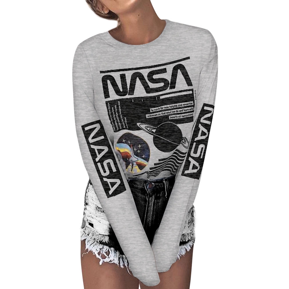 Ins Style Hot Women Slim Nasa Letter Print Tops Round Neck Long Sleeve Tshirt