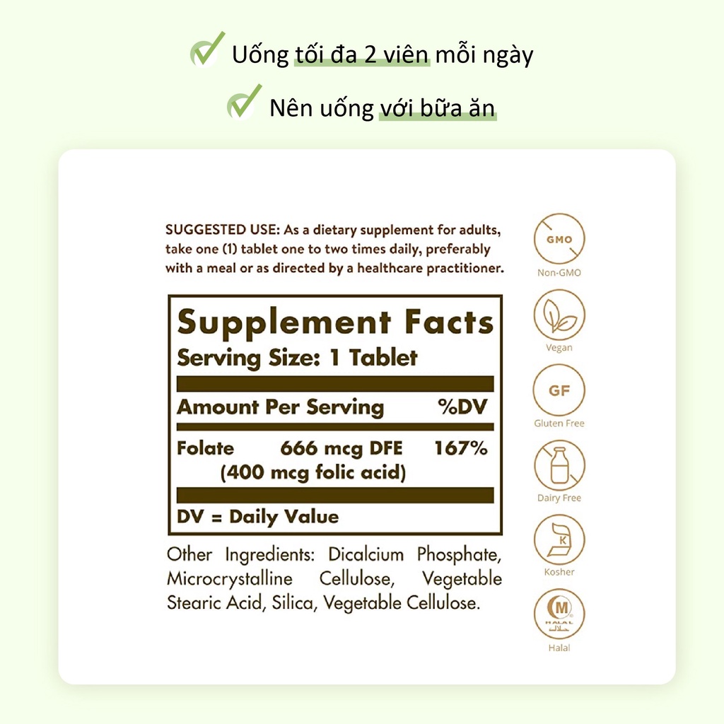Viên Uống Solgar Folate 666 MCG  DFE Folic Acid - Bổ Sung Axit Folic, Giúp Tăng Cường Trí Não Cho Thai Nhi [Lọ 100 Viên]