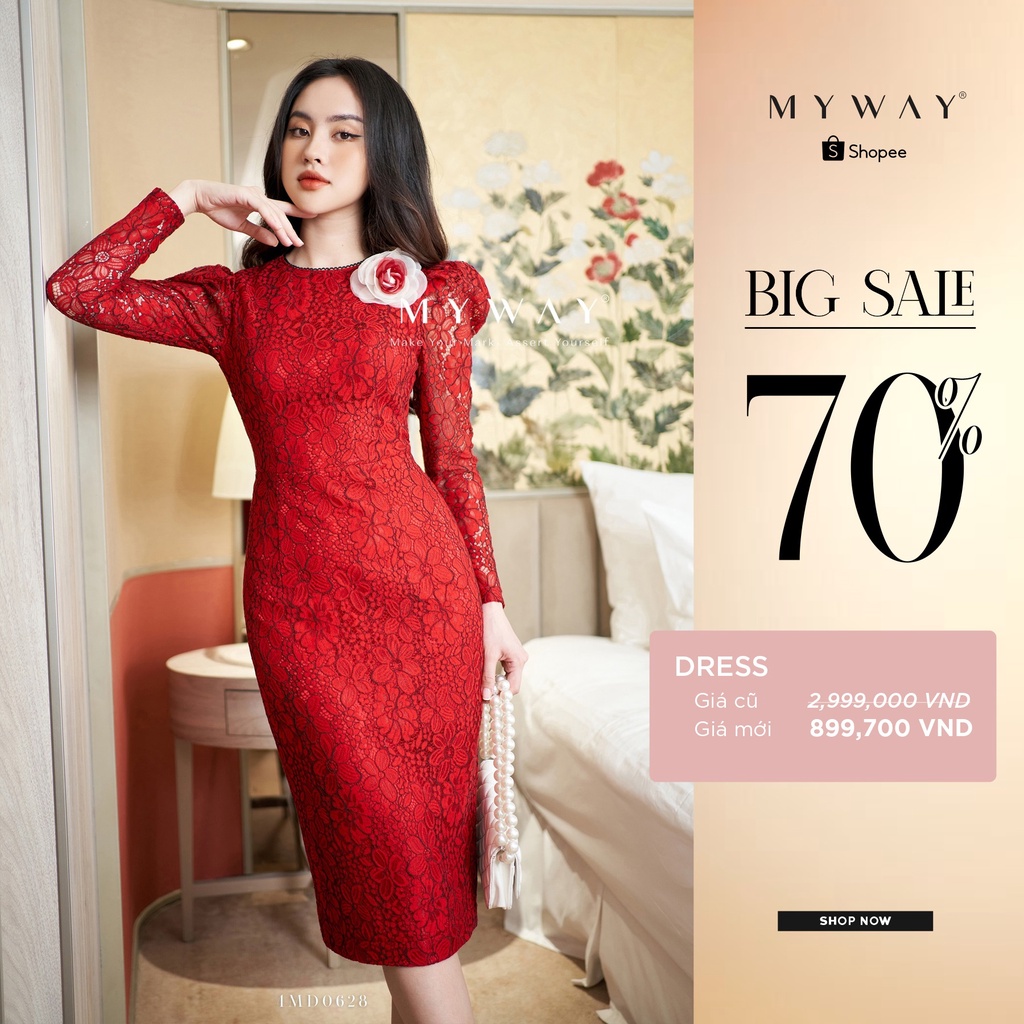 Đầm Bút Chì Ren Nữ MY WAY Tay Bồng Tôn Dáng Sang Trọng 4MD0628