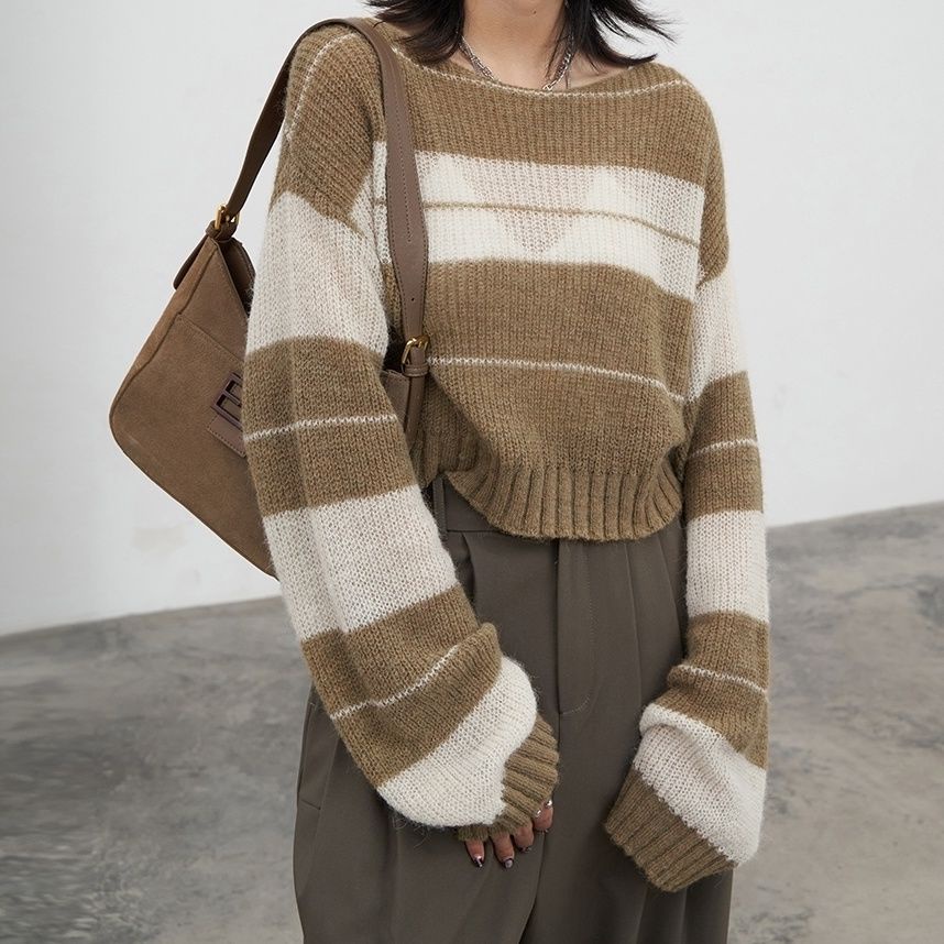 Áo Sweater Dệt Kim Tay Dài Dáng Rộng Cổ Đứng Kẻ Sọc Kiểu Hàn Quốc Thời Trang Xuân Thu Cho Nữ