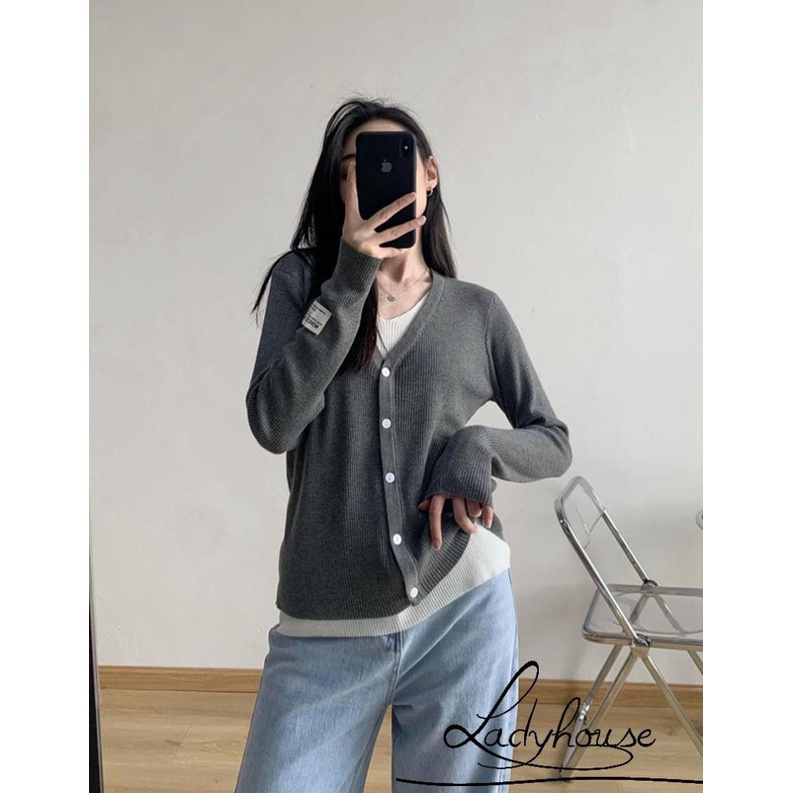 Áo Sweater Dệt Kim Tay Dài Cổ Chữ V Cài Nút In Chữ Phối Màu Sắc Cho Nữ