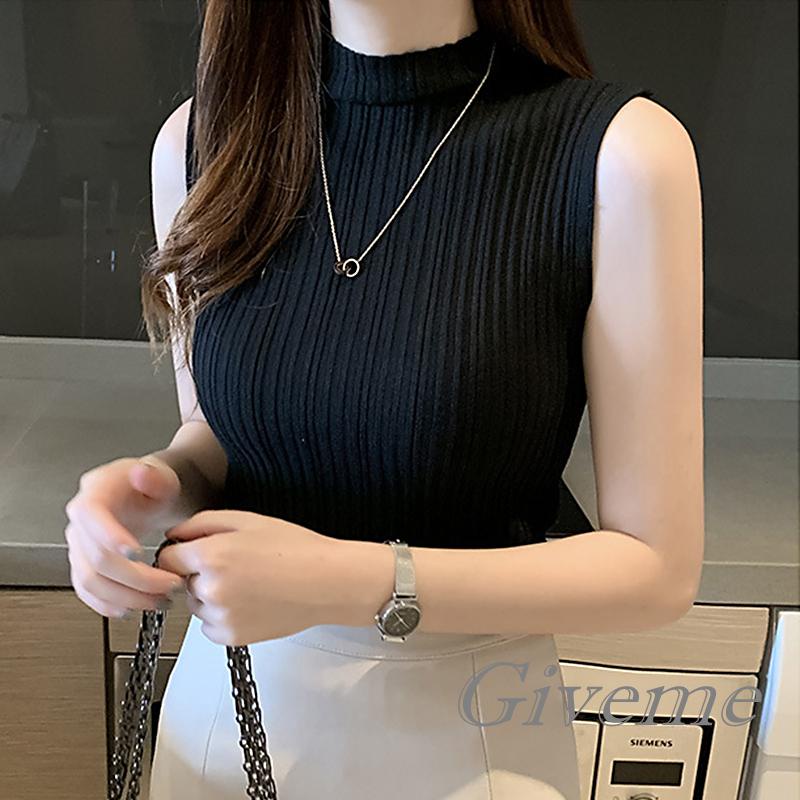 Áo Dệt Kim Nữ Sát Nách Cổ Cao Màu Sắc Thanh Lịch