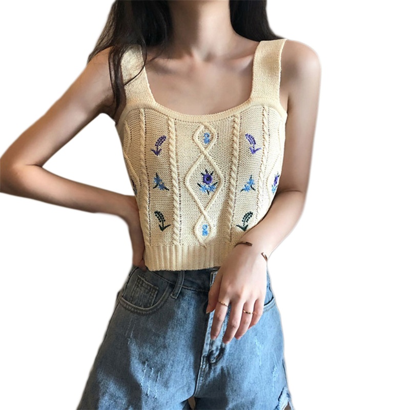 Áo croptop nữ dệt kim thêu hoa cổ điển thời trang mùa hè phong cách boho