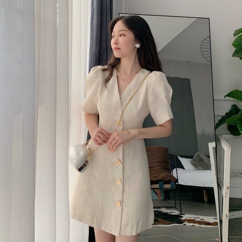 Đầm váy ngắn tay vải thô phong cách trẻ trung thanh lịch công sở